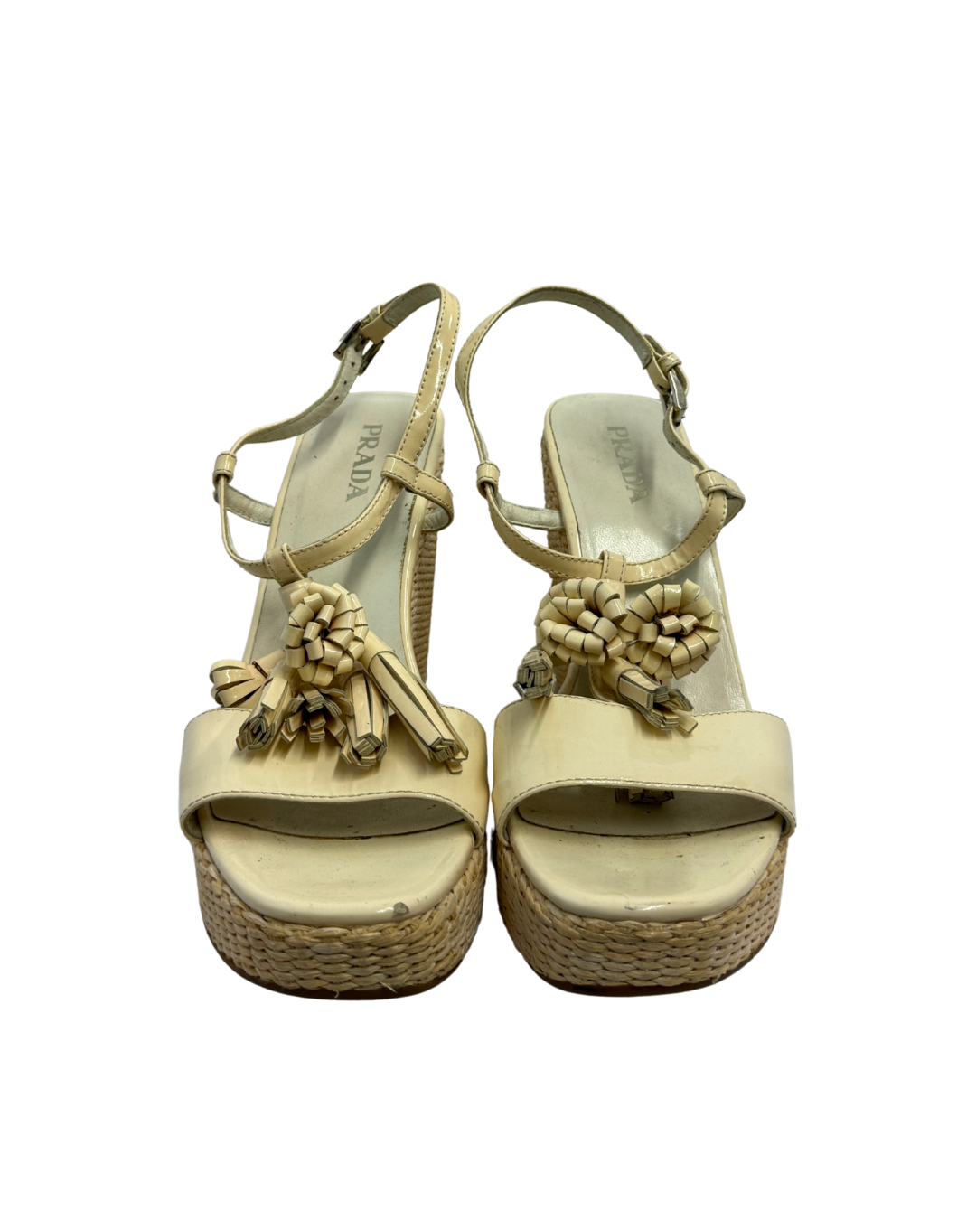 Prada Flower Patent Leather Woven Wedges