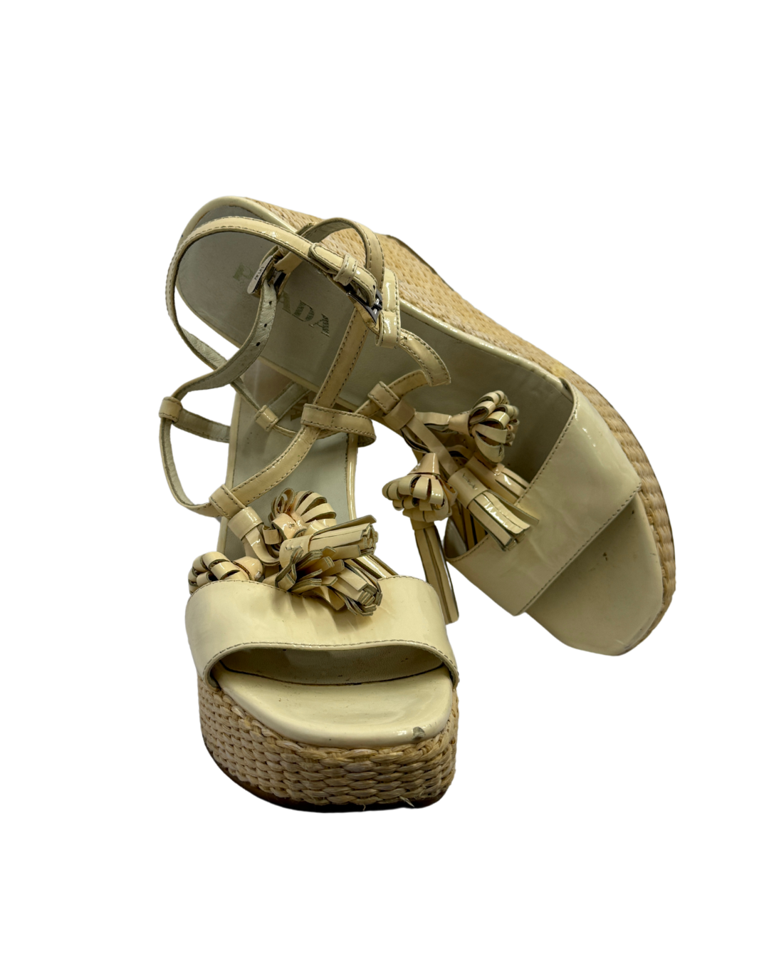Prada Flower Patent Leather Woven Wedges
